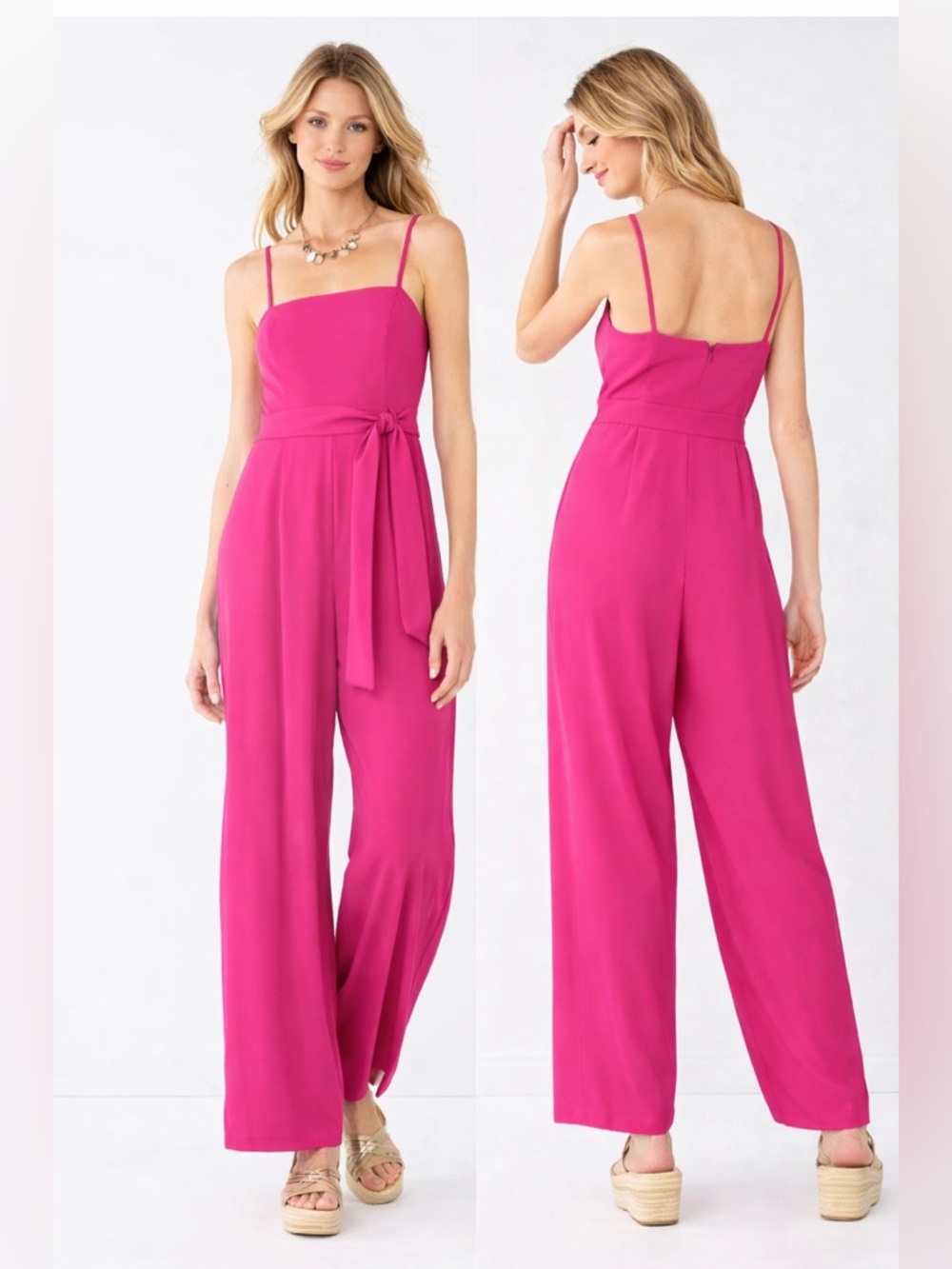 Nine West Fuchsia Square-Neck Wide-Leg Jumpsuit with Tie Waist sash & pockets